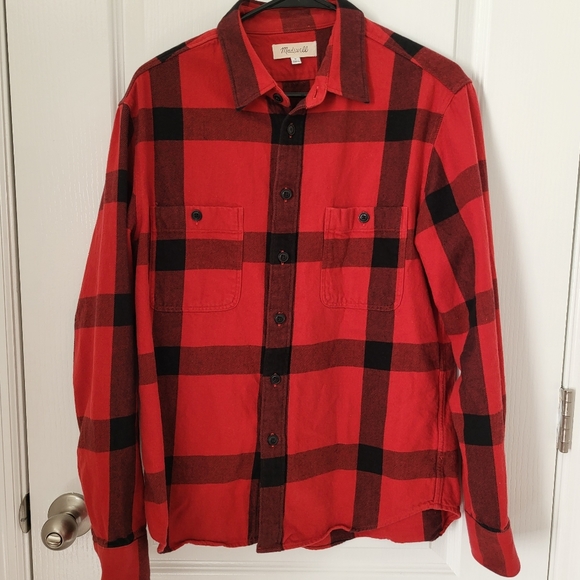 Madewell Heavyweight Twill Mens Plaid  Button Down Shirt black red size M - Picture 3 of 7